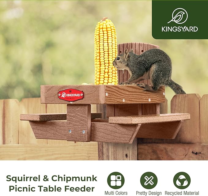 Kingsyard Squirrel Feeder Table for Outside, Recycled Plastic Squirrel & Chipmunk Picnic Table Feeder with Corn Cob Holder, 2 x Solid Structure Benches, Easy to Clean (Brown)
