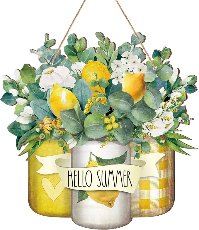Karenhi Hello Summer Welcome Wooden Sign for Front Door Hello Wooden Hanger Summer Door Sign Wood Spring Hanging Decorations Farmhouse Porch Decor for Outdoor Housewarming Gift