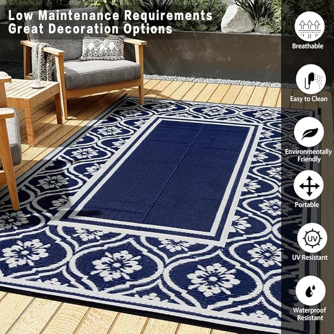 HUGEAR Outdoor Patio Rug 3'x5' Waterproof Outside Area Rugs Blue Reversible Plastic Straw Carpet for RV Deck Camping Entryance Porch Picnic Balcony Beach