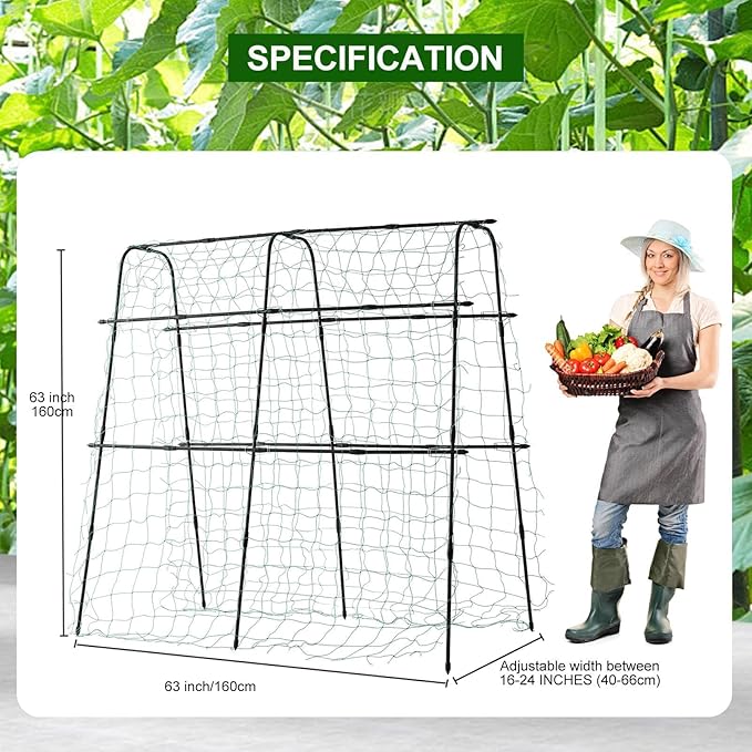 Garden Trellis for Climbing Plants Outdoor, Metal Cucumber Trellis Plant Support for Outdoor Vegetables Fruits Flowers Vines Cucumber Trellis Raised Bed, with Nylon Netting, 63" Hx 63" L, Black