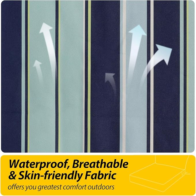 AAAAAcessories Outdoor Seat Cushions for Chairs, Fade-Resistant, Waterproof Patio Furniture Replacement Cushions, 25.5" x 25.5" x 5" + 25.5" x 13.5", Set of 4, Ash Teal Seaside Stripe