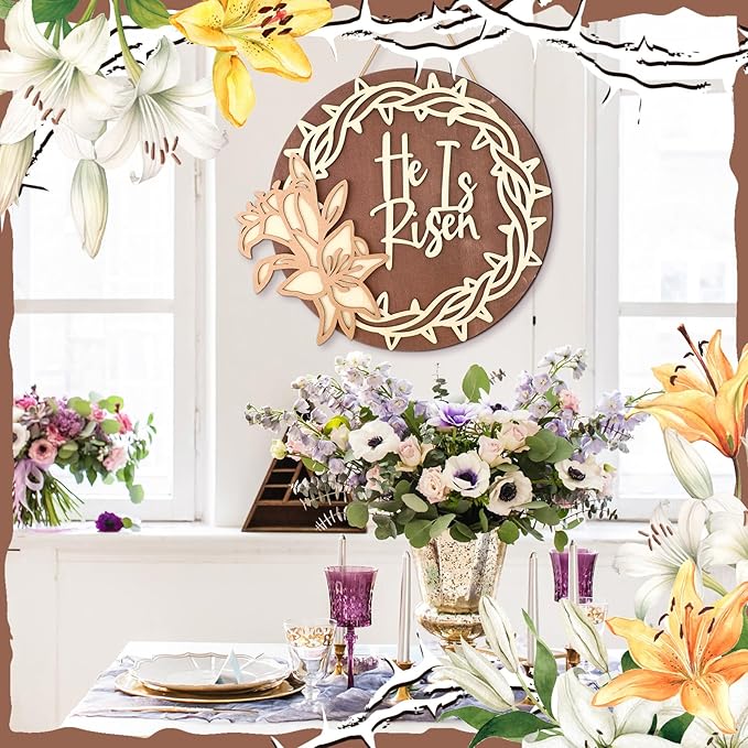 Juexica Easter Cross Door Sign Easter Wall Hanging Decor He is Risen Decorations Religious Wood Hanger for Front Door Front Porch Home Indoor Outdoor Spring Pediments