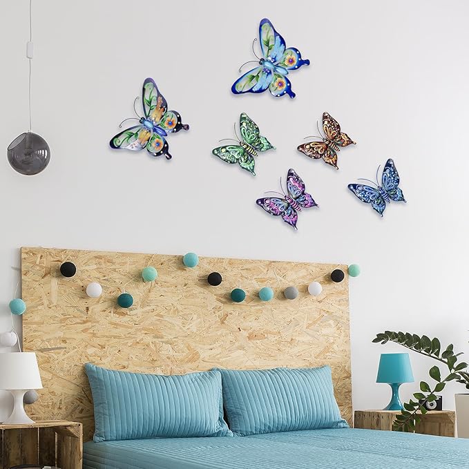 SUNREEK 6Pcs Metal Butterfly Wall Decor, 14Inch/7Inch Outdoor Butterfly Wall Art for Fence Garden Yard Room Patio Balcony Decorations