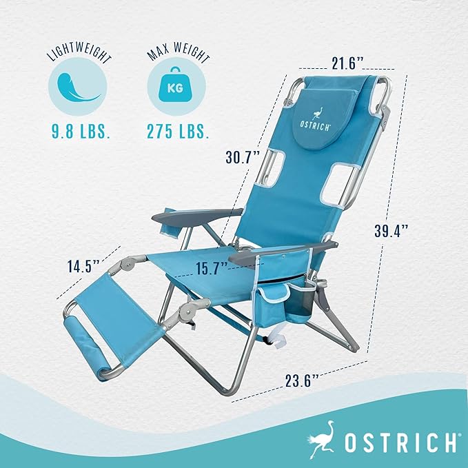 Ostrich Deltess 3 in 1 Portable Chair Cooler Bag & Reclining Lounger, Light Blue