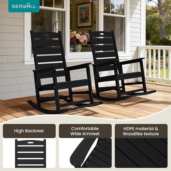 SERWALL Outdoor Rocking Chair Set of 4, Oversized HDPE Patio Rocking Chair with Footrest for Adults, All Weather Porch Rocker for Deck Patio Balcony, Black