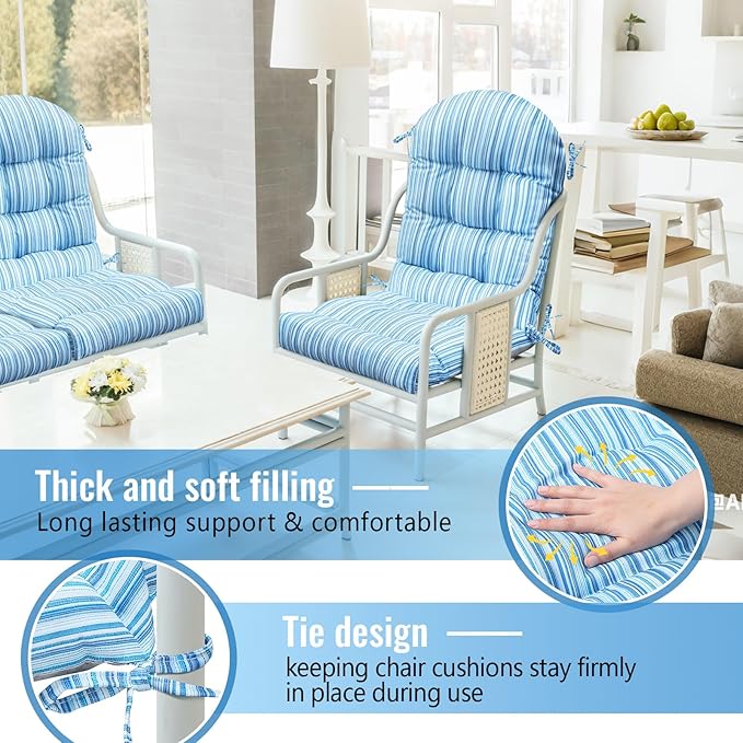 Geelin 4 Pcs Adirondack Chair Cushion High Back Patio Rocking Chair Cushion 44 x 19 x 4 Inch Tufted Weather Resistant Fade Resistant Seat for Patio Rocking Seat (Blue Stripes)