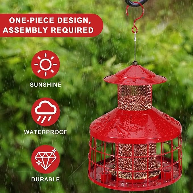 Squirrel Proof Bird Feeder with 3 Water Cups, 4.2LB Large Capacity Outdoor Hanging Bird Feeder with Metal Cage, One-Piece Design No Assembly Needed, Weather Resistant & Stylish for Garden, Yard (Red)