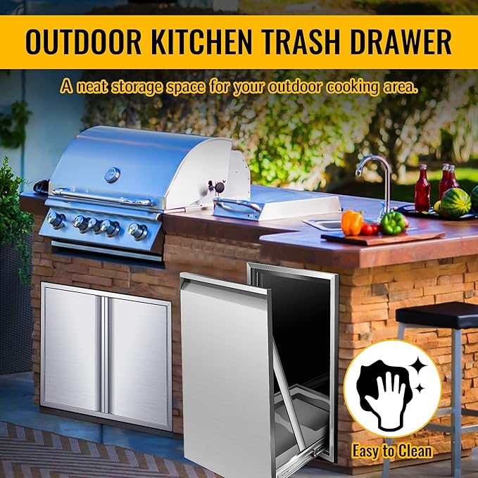Built-in Double Trash Drawer 20" W x 27" H x 24" D Pull-Out Tray Outdoor Kitchen Stainless Steel Trash Bin Storage for BBQ Island Grill Station