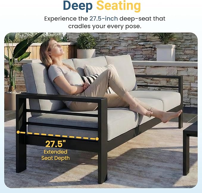 Wisteria Lane Aluminum Patio Furniture Set for All Weather, Oversized Metal Outdoor Furniture Set with 27.5" Deep Seat and 10" Back Cushion, Patio Conversation Sets with Wide armrest, Light Grey