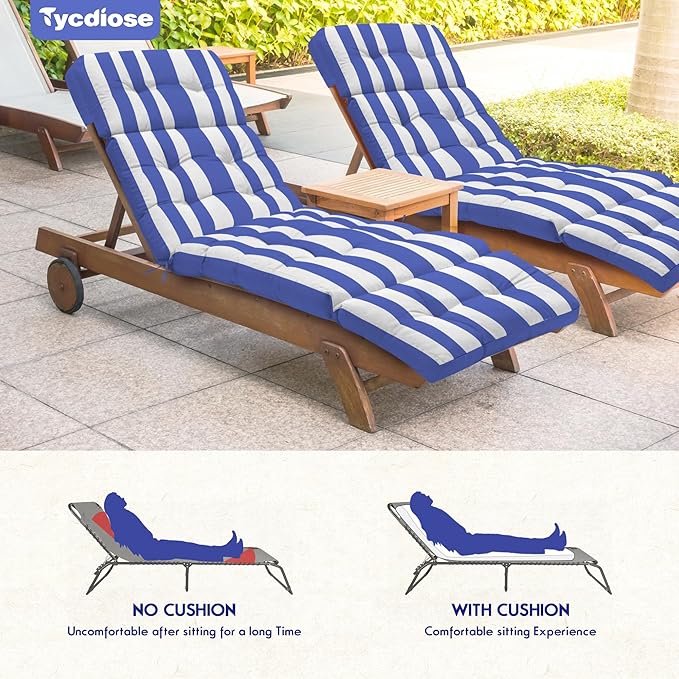 Outdoor Chaise Lounge Chair Cushion Waterproof 74.4 x 22 x 4.7 Inches Memory Foam Lounge Chair Cushions for Outdoor Furniture with Ties, Thickened Pool Lounge Chair Cushion, Stripe Blue&White