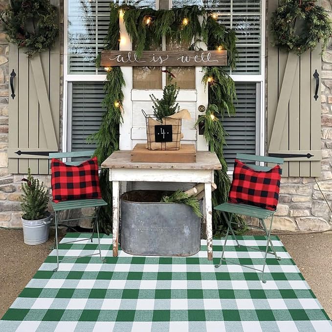 Green & White Christmas Plaid Rug, 4' x 6' Check Indoor/Outdoor Area Rug, Hello/Welcome Door Mat Layering Rug, Machine Washable Cotton Woven Rugs for Farmhouse Front Porch, Entryway