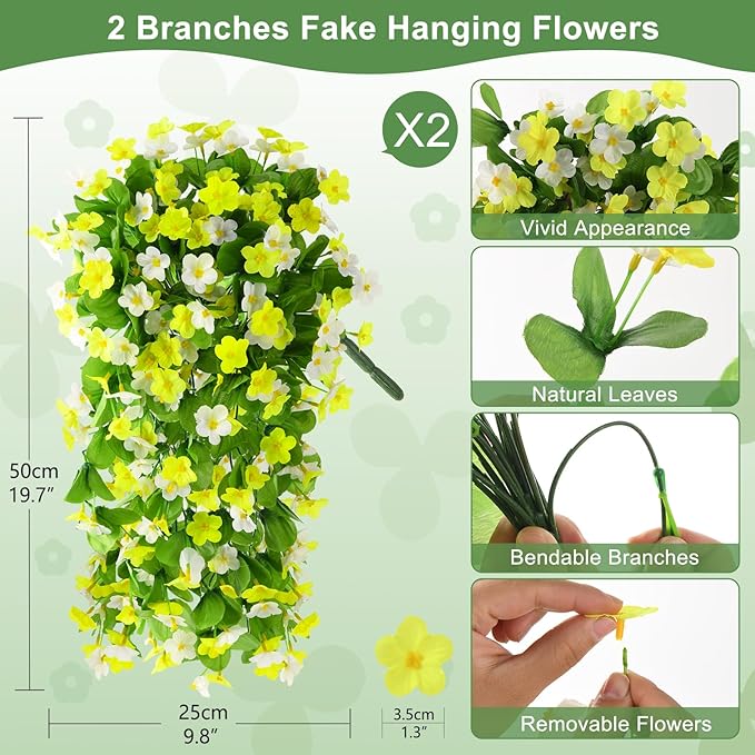 2 Pack Artificial Hanging Flowers, Fake Flowers Hanging Plant Violet Flower, Artificial Faux Silk Spring Flower for Wall Front Door Yard Garden Wedding Outdoor Decoration(Yellow White)