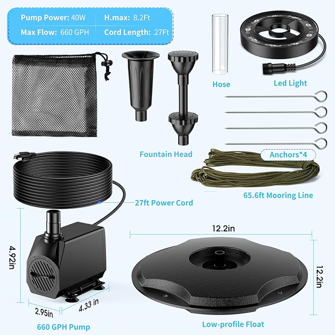Anfraer Floating Pond Fountain with LED Lights, 660GPH RGB Floating Fountain with 3 Spray Modes, Pond Pump with 27FT Power Cord & 65.6FT Mooring Line for Pond Garden Fish Tank