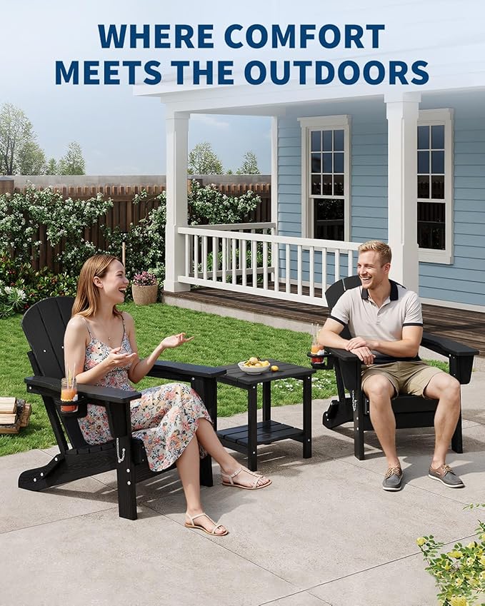 Folding Adirondack Chair Set of 2, All-Weather HDPE Outdoor Chair, Wooden Textured with Cup Holder for patios, Decks, Gardens, fire pits, Black