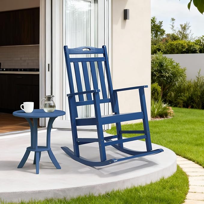 VINGLI Outdoor Rocking Chair with Footrest, Wooden Rocking Chair with 450 LBS Weight Capacity, Patio Rocker with Comfortable Backrest for Garden, Yard (Navy Blue, 1PC)