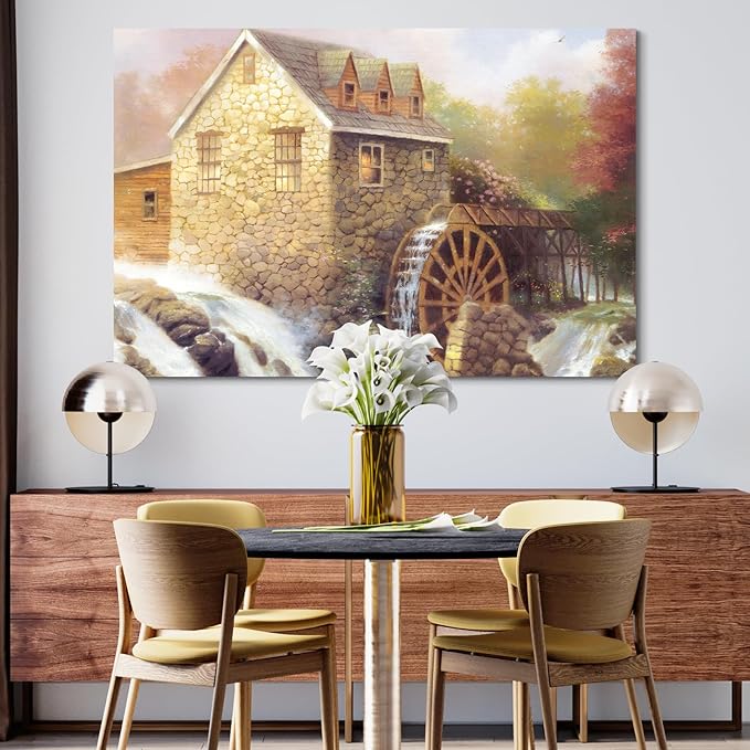 STUDIO HAVEN Thomas Kinkade Canvas Wall Art, Watermill Cottage Wooden Wheel Rushing Stream and Rustic Charm Oil Painting Poster Countryside Wall Decor, Framed Prints for Home Decor, 48x32Inch