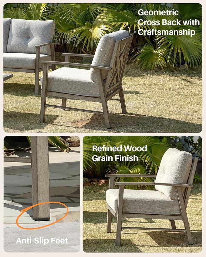 2 Pieces Outdoor Patio Chairs, Outdoor Aluminum Armchair Conversation Set with Thick Cushions, All Weather Patio Furniture Sofa Chairs Set for Garden, Poolside, Lawn, Limed Oak