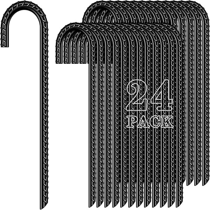 FEED GARDEN 12 Inch 24 Pack Rebar Stakes Heavy Duty J Hook, Galvanized Ground Stakes Tent Stakes, Stakes for Outdoor Decorations Inflatables Canopy Swing Set, Chain Link Fence Stakes