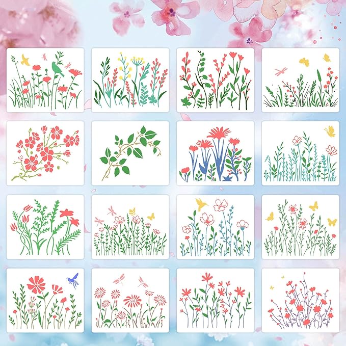 16 Pieces Wildflower Stencils for Painting, Reusable Large Spring Wild Flower Stencils Wall Stencils, DIY Large Drawing Template Stencil for Painting on Wood Wall Canvas Home Decor(8.3x11.7Inch)