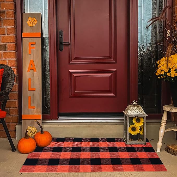 Halloween Door Mat Orange Buffalo Plaid Outdoor Rug Cotton Hand-Woven Buffalo Check Rug Layered Doormats for Front Door/Front Porch/Farmhouse/Entryway/Patio