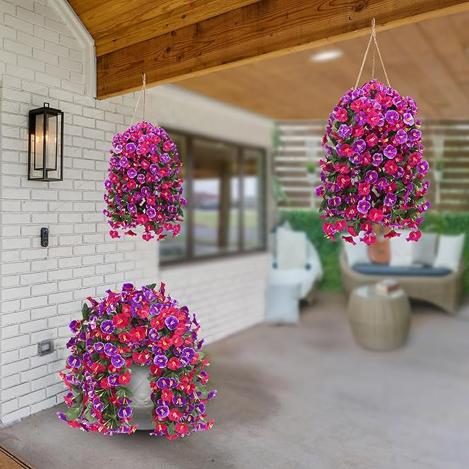 Artificial Fake Hanging Flowers Plants for Outdoor Outside Spring Summer Decoration 4PCS Faux Silk UV Resistant Realistic Morning Glory Trailing Vines for Home Porch Patio Balcony(Rose red & Magenta)