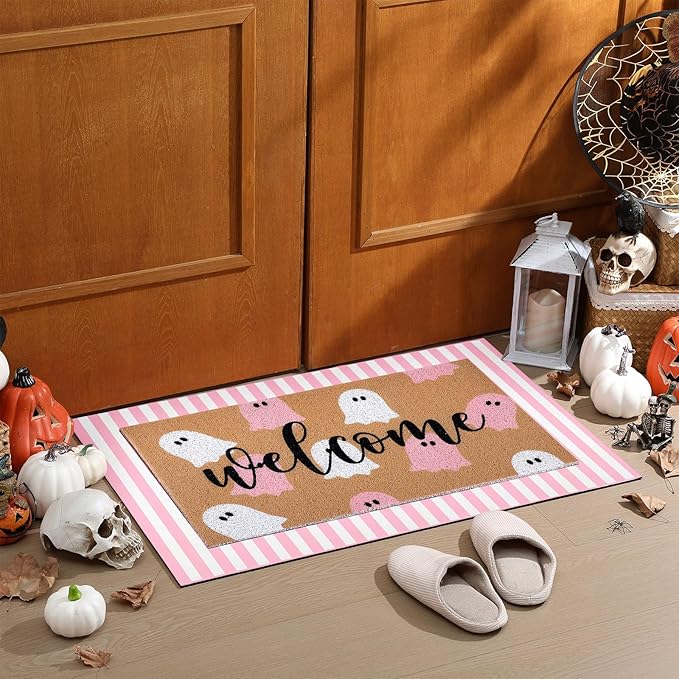 Tinideya 2 Pcs Halloween Door Mat Ghost Welcome Non Slip Coir Mats Pink White Stripe Floor Layering Doormats Seasonal for Front Porch Entryway Decor(Pink White Ghost)