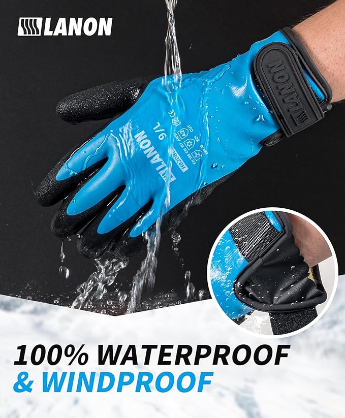 LANON Waterproof Winter Work Gloves, Double Latex Coated, Thermal Insulated Freezer Gloves for Cold Weather, Heavy Duty, Non-Slip Grip, Wrist Closure, Blue,M