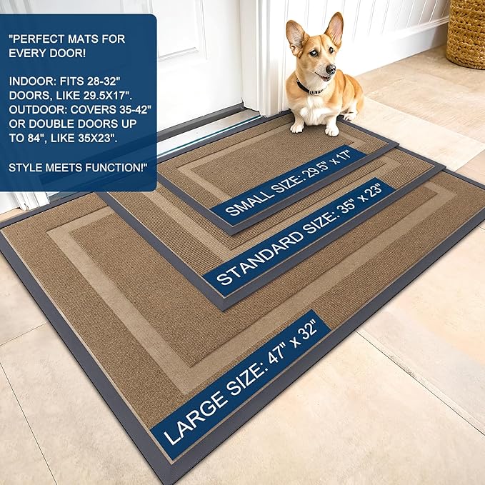 OLANLY Front Door Mat Indoor Outdoor Entrance, Waterproof All-Season, All-Weather Doormat, Sturdy Natural Rubber, Fade Resistant, Low Profile, Easy Clean Patio Porch Entryway Mat, 47x30, Light Borwn