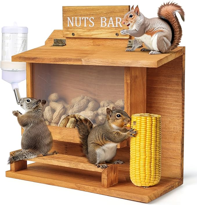 Hanging Squirrel Feeders for Outside, Large Squirrel Picnic Table Feeder with Water Bottle, Funny Nuts Bar Squirrel Feeder, Wooden Chipmunk Feeder Box, No Assembly Required