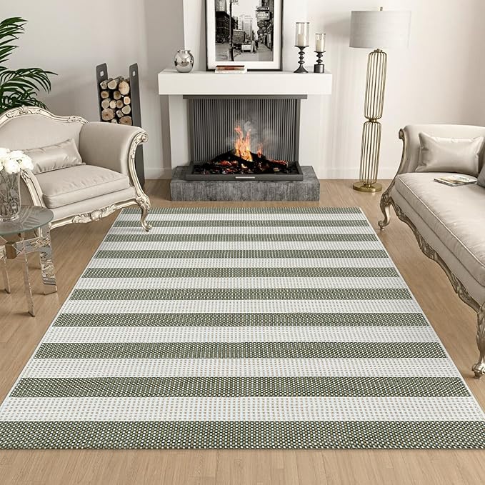 Green and White Striped Outdoor Rug 4x6 ft, Washable Cotton Woven Patio Rug, Reversible Foldable Front Porch Decor Indoor Outdoor Rugs for Farmhouse/Living Room