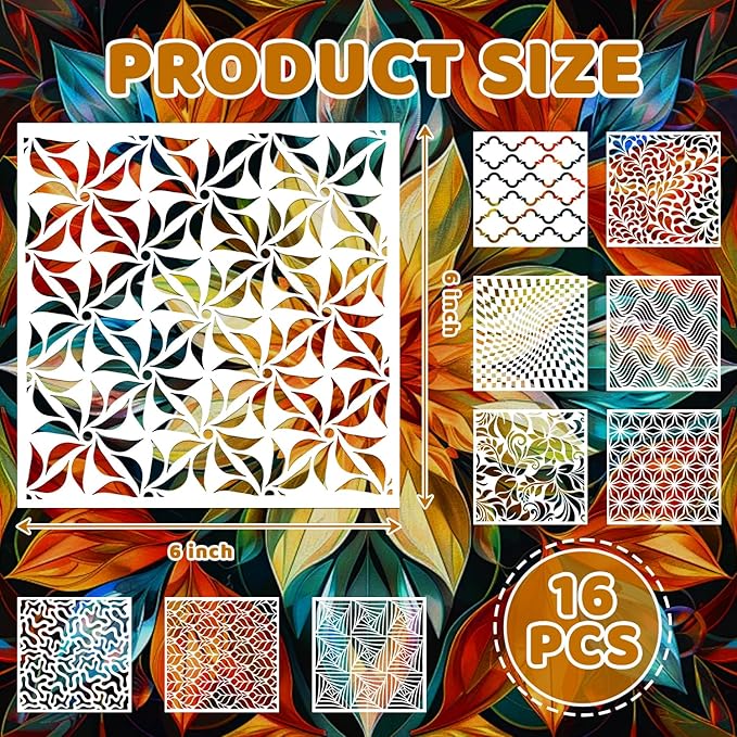 16 PCS Geometric Stencils 6 x 6 Inch Reusable Mandala Painting Templates for Scrapbooking Cookie Tile Wall Furniture Floor Decor Craft Drawing Tracing DIY Art Supplies