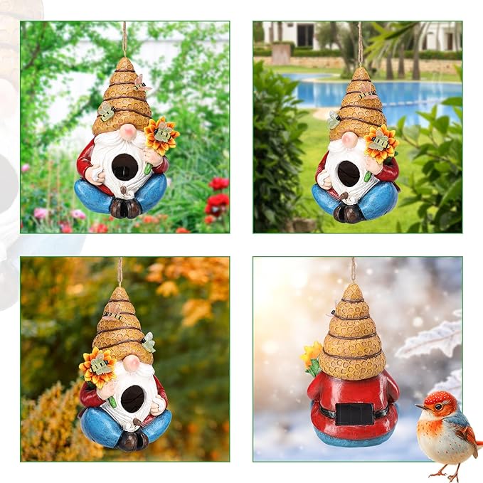 Bird House for Outside, Birdhouses for Outdoors, Decorative Bird Houses, Hanging Funny Bee Solar Gnome Birdhouse for Outside Cardinal Bluebird Wild Birds