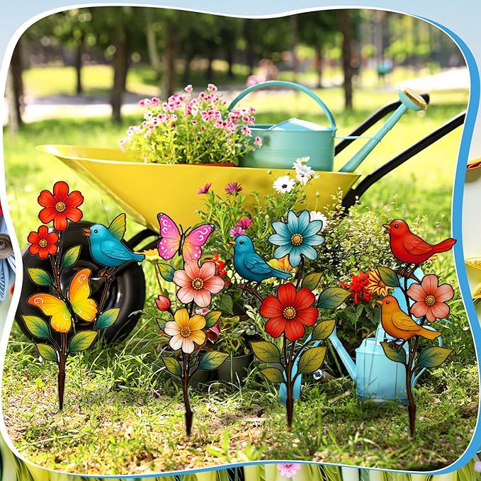 4 Pack Metal Flowers Outdoor Decor Spring Garden Stakes for Outside 15'' Decorative Colorful Flowers Birds Butterfly Yard Art Rust Proof Plant Sticks for Yard Lawn Pathway Patio Outside Walkway