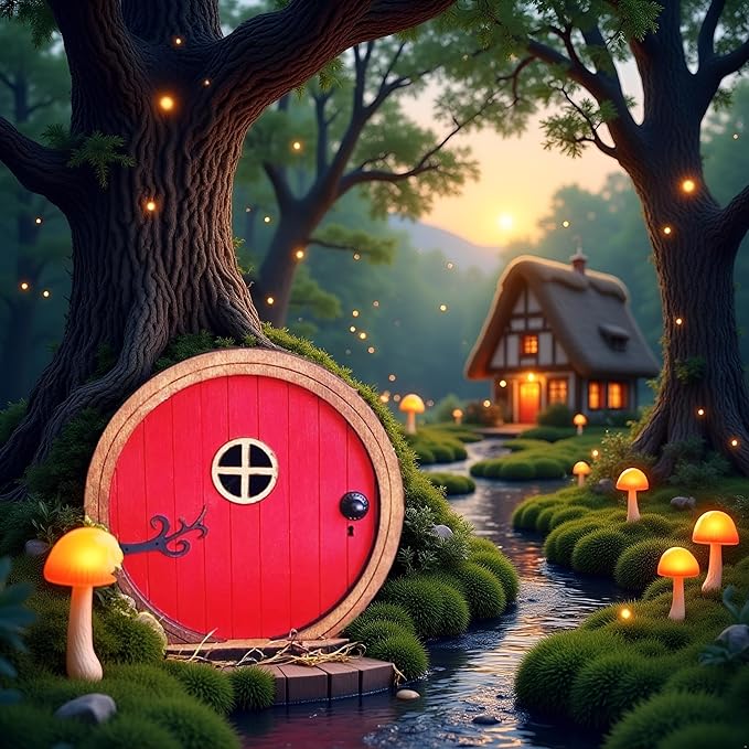 Red Fairy Garden Door for Tree, Fairy Doors for Trees Outdoor & Tree Trunk, Mini Fairy Garden Sculpture Lawn Ornament Decor, Fairytale Tiny House Doors Mini Gift, Fairytales Door Decoration