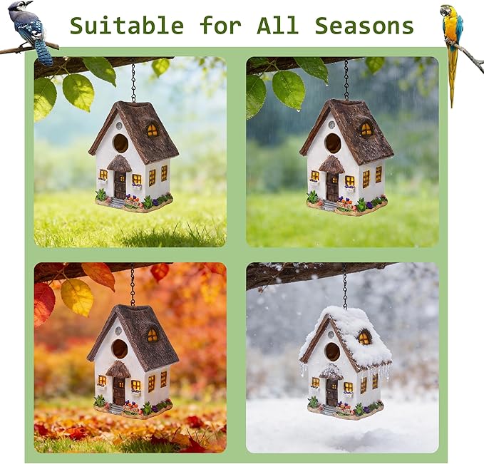 Attivolife Outdoor Birdhouses, Wood Waterproof Hanging Chain Nesting Boxes, Outside Bird House Garden Patio Yard Decor for Bluebird Finches Cardinals Resin, Creative Gifts for Bird Lover Family Friend