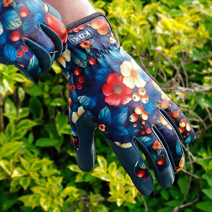 Gardening Gloves for Women, Flexible Breathable Garden Gloves, Leather Working Gloves for Weeding, Digging and Pruning (Flowers and Berries, Small)