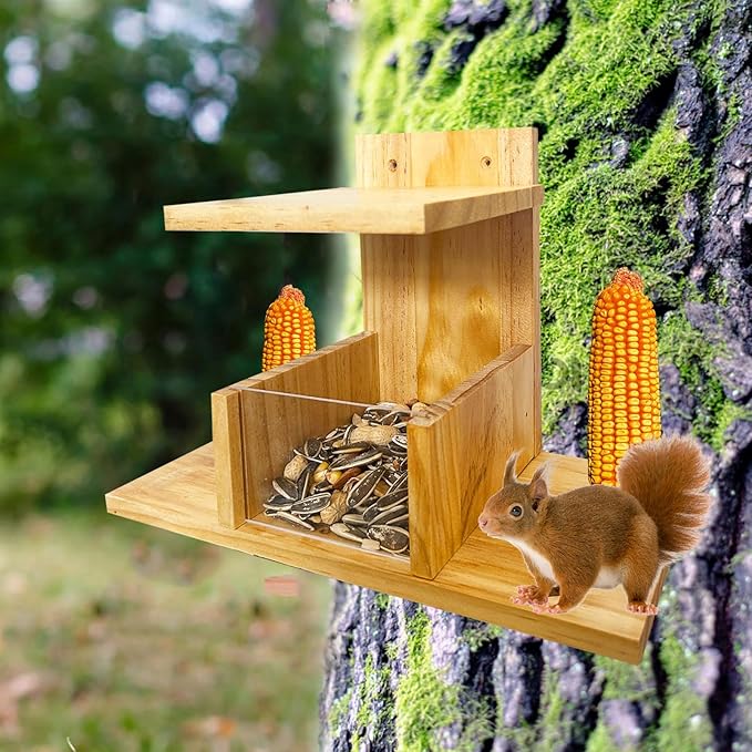 Squirrel Feeder, Wooden Squirrel Feeders for Outside, Durable Chipmunk Feeding House Corn Cob Holder and Peanut Nuts Tray for Outdoors, Easy to Clean & Refill, Waterproof