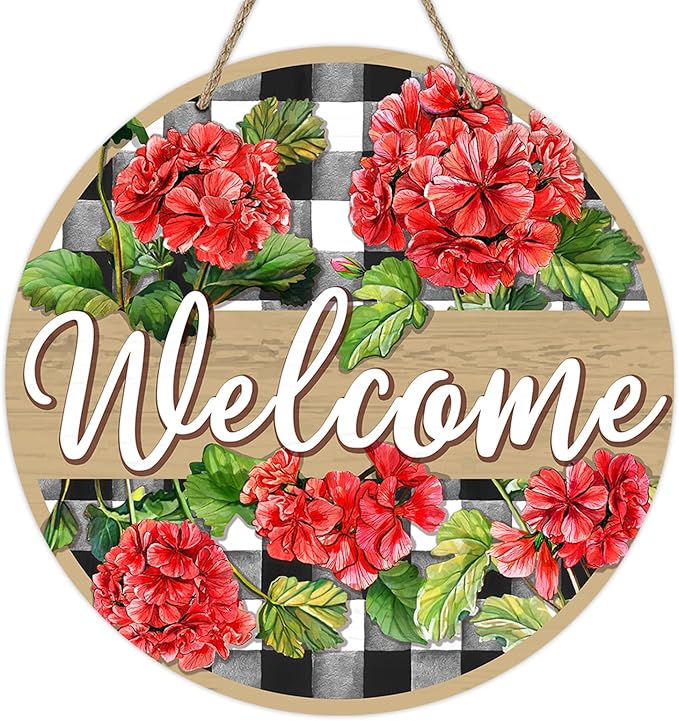 Deroro Welcome Spring Summer Geranium Flower Front Door Sign, Red Floral Buffalo Plaid Check Wood Door Hanger Outdoor Outside Porch Decor, Farmhouse Rustic Wooden Wreath Indoor Wall Hanging Decoration