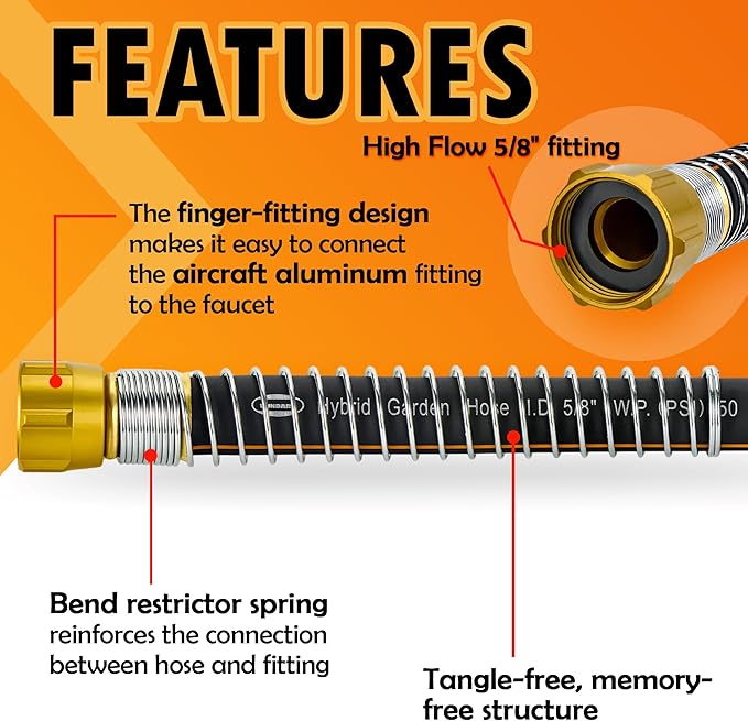 5/8 in. × 5 ft. High Flow Heavy Duty Garden Hose Flexible Hybrid Rubber Water Hose, No Memory Durable Premium Water Hose Leader Hose for Watering, Irrigation, Water Transfer Pump