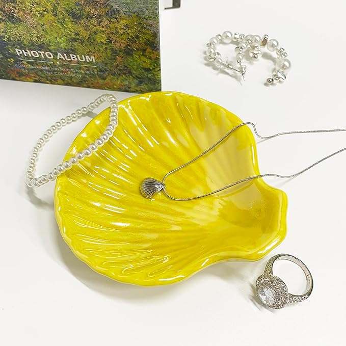 Shell Trinket Dish, Ceramic Jewelry Dish Tray, Cute Organizer Plate for Jewelry, Seashell Jewelry Ring Holder, Birthday Mother's Day Christmas Gift for Women, 3.9", Bright Yellow Iridescent Surface