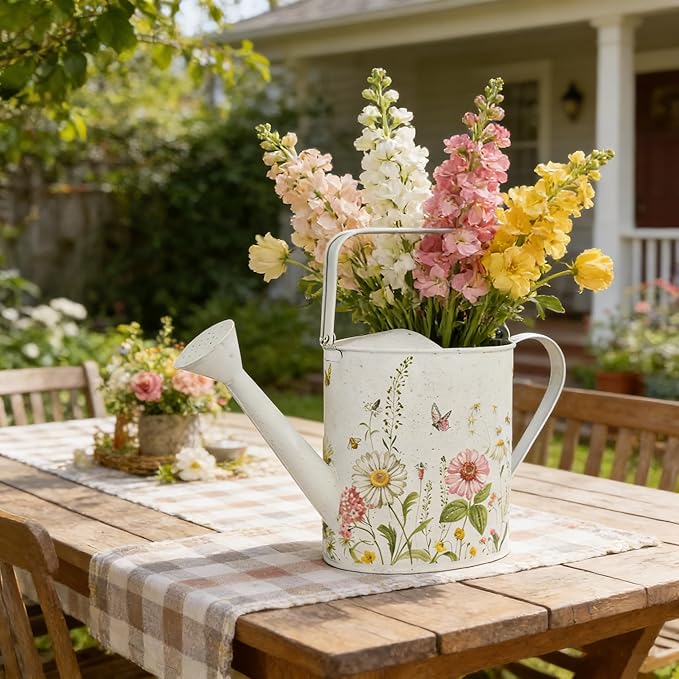 Vintage Floral Metal Watering Can for Indoor/Outdoor Plants, White Functional Garden Waterer with Long Spout, Garden Water Pot Rustic Decor for Home Garden Patio