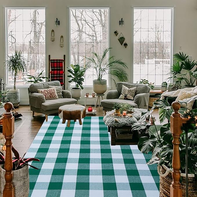 CAINANEL Green and White Buffalo Plaid Outdoor Rug Spring Door Mat Layering Rug Welcome Doormats for Spring Easter Farmhouse Entrance Porch Outdoors Decor