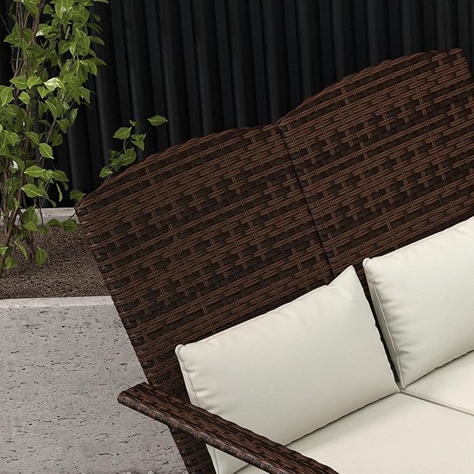 Outsunny Wicker Adirondack Chair for 2 with Cushions & Footrests, PE Rattan Double Chaise Lounge Chair, Fire Pit Chair for Porch with High-Back, Wide Armrests, Cream White