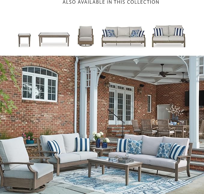 Signature Design by Ashley Rainier Ranch Casual Nuvella Weather Resistant Fabric Outdoor Loveseat with Cushion and 2 Accent Pillows, Light Brown & Light Gray