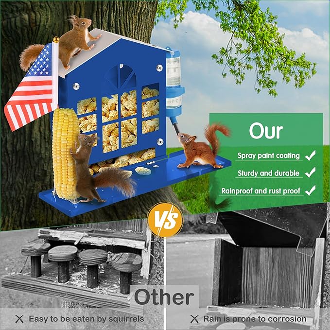 Metal Squirrel Feeder for Outside, Hanging Squirrel House for Outdoors with Water Bottle, Flag and Corn Cobs Holder, Peanut Feeder for Chipmun, Blue
