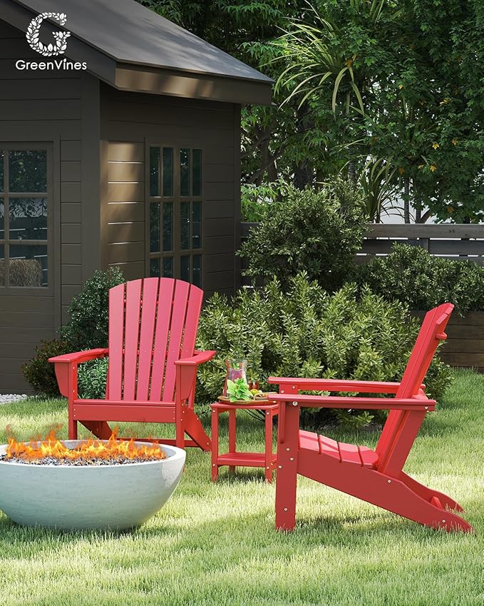 GREENVINES Adirondack Chairs Set of 2 | HDPE Plastic | Oversized Fire Pit Chair | All Weather | Red | Poly Lumber | for Outdoor Deck Backyard Patio Garden