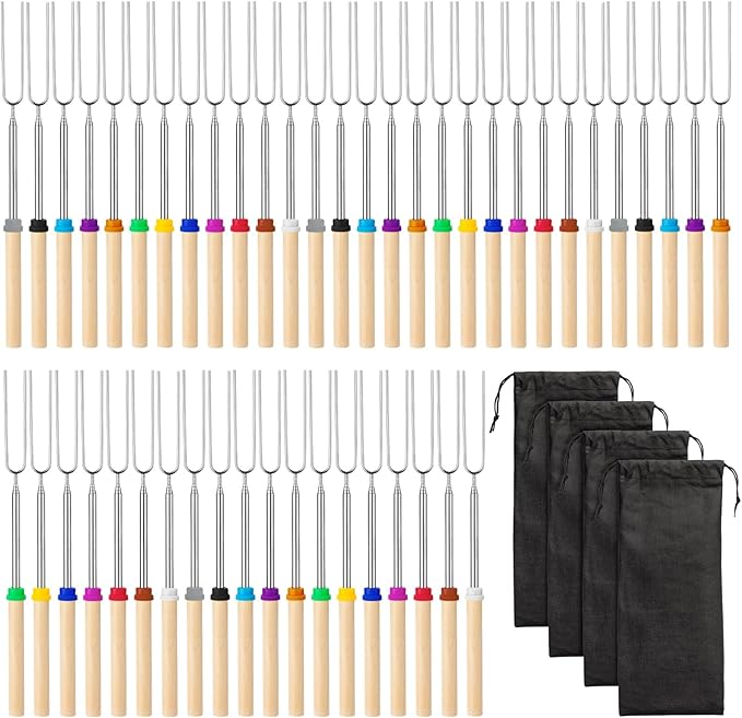 Eccliy 48 Pcs Roasting Sticks Campfire Smores Skewers for Fire 32 Inch Long Extendable Fork Smores Sticks with Wooden Handle 4 Pcs Storage Bag for Cooking Grill Hot Dog Camping Accessories