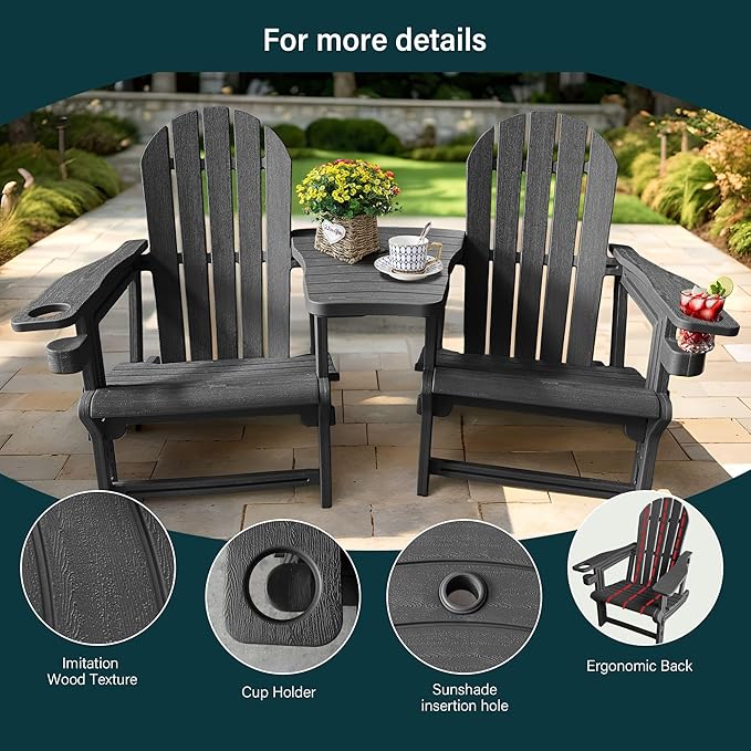 All Weather Plastic Adirondack Chairs, Fire Pit Chairs with Cup Holder, HDPE Outdoor Lawn Chair for Garden, Patio,Porch,Backyard, Black Double Chair