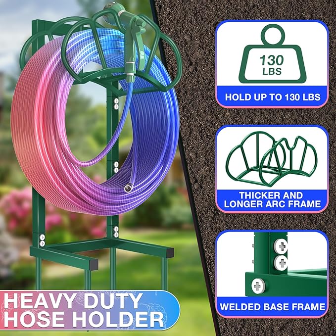 New Garden Hose Holder, Super Stable Water Hose Holders Stand Holds 160-Feet Hose, Detachable Freestanding Hose Storage Hanger Rack for Outside Yard Lawn Farm, Green