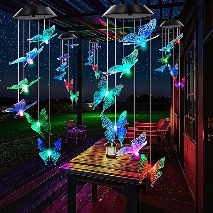 Blue Butterfly Solar Wind Chimes Color Changing Lights Outdoor, Best Gifts for Mom Grandma Women Wife Aunt Daughter Sister, Unique Mobile Wind Chime, Gardening Yard Decorations